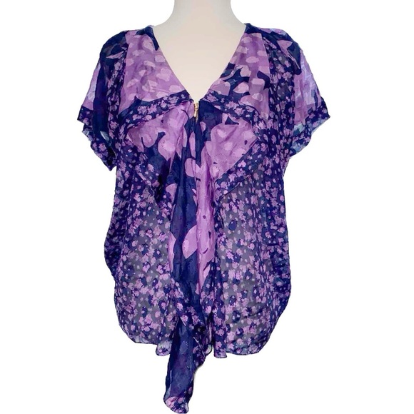 3.1 Phillip Lim Tops - 3.1 PHILLIP LIM BLUE PURPLE FLORAL PRINT v-neck ZIP UP SILK BLOUSE TOP